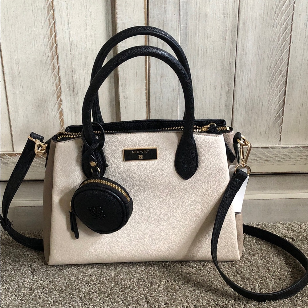 Nine West Cream and Black Milk Multi Structured Mary Satchel with Coin Pouch NEW